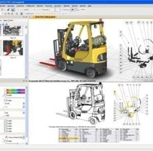 Página de software com modelo de documentação técnica desenvolvida em 3D. Empilhadeira amarela criada pelo software com detalhes em todo corpo do programa.