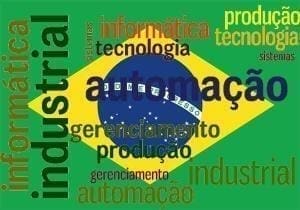 Bandeira Brasileira ao fundo da imagem com informações sobre a indústria 4.0 logo a frente.