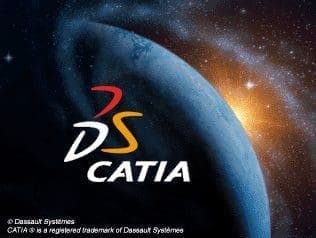 Planeta Terra visto de cima, mostrando uma parte do universo atrás e luz solar atrás da Terra. Logo DS Catia mostrando no centro da imagem.