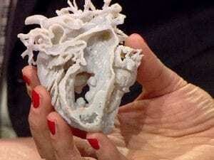 Protótipo de Coração impresso em impressora 3D sendo mostrado cortado no meio. Mão feminina segurando o protótipo.